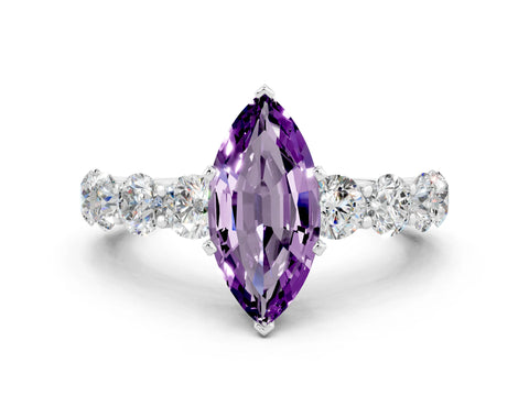 White gold Marquise Cut Amethyst Prong Setting with Side Stones on a Pave Band