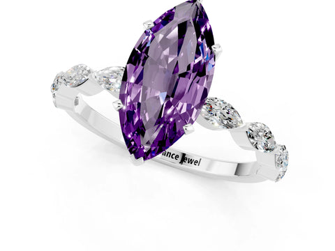 White gold Marquise Cut Amethyst Ring with Marquise Side Stones and Prong Setting_1