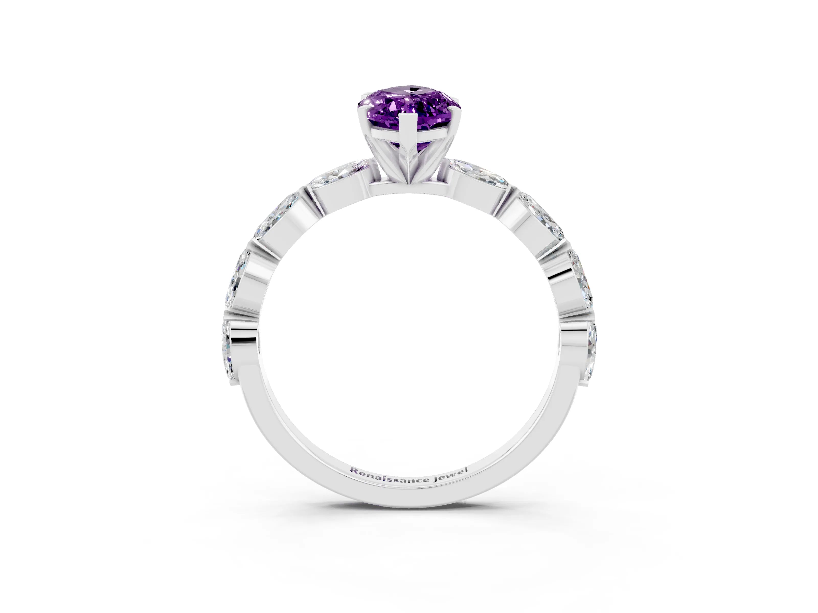 White gold Marquise Cut Amethyst Ring with Marquise Side Stones and Prong Setting_3