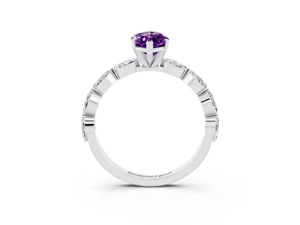 Silver Marquise Cut Amethyst Ring with Marquise Side Stones and Prong Setting