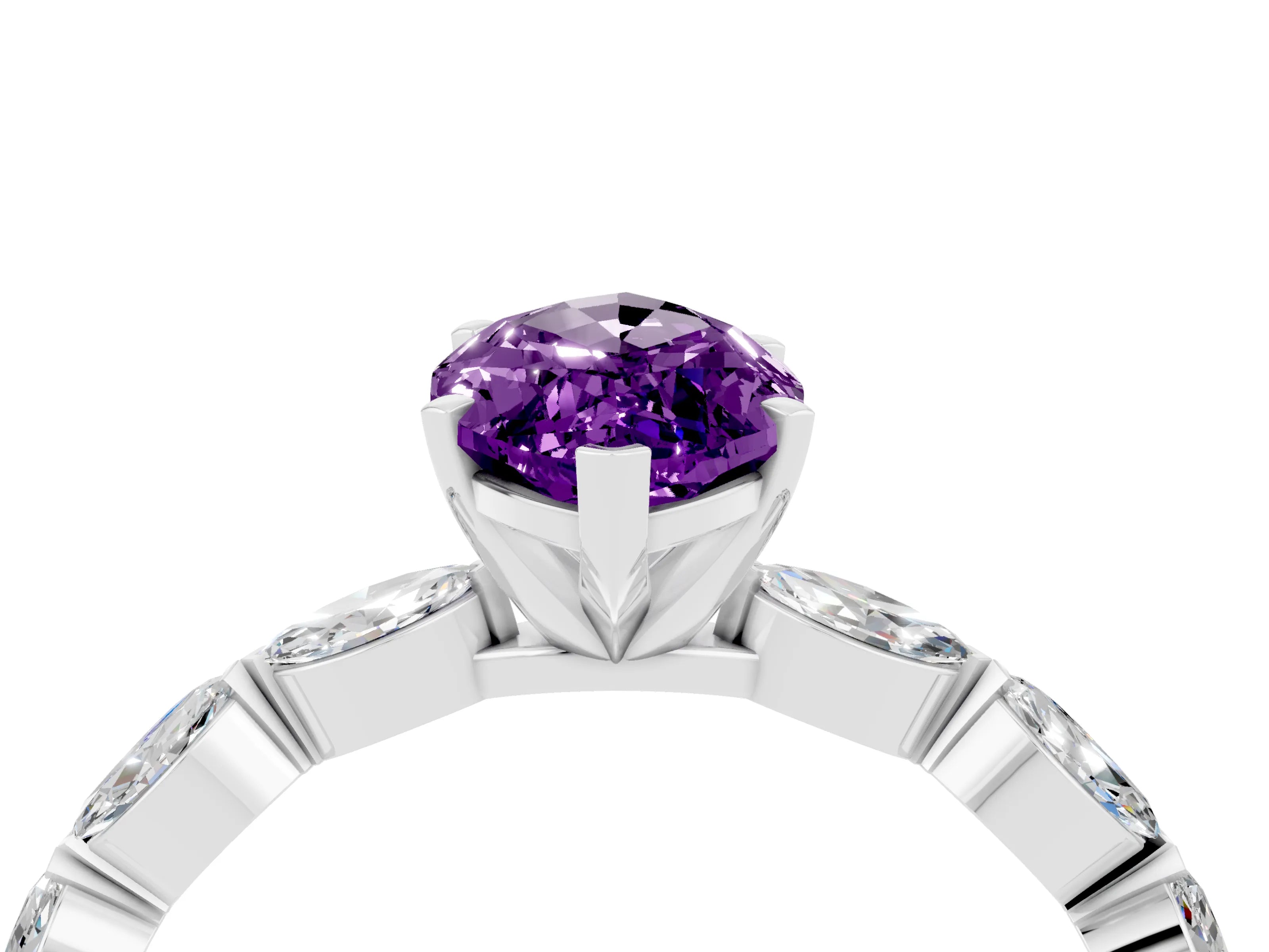 White gold Marquise Cut Amethyst Ring with Marquise Side Stones and Prong Setting_4