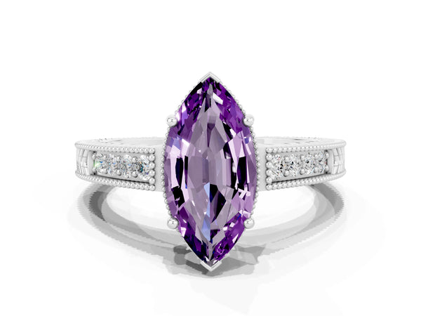 Platinum Marquise Cut Amethyst Ring with Milgrain Pavé Band and Four-Prong Setting