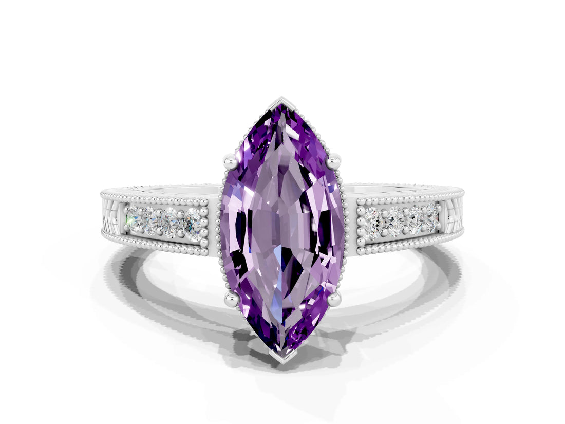White gold Marquise Cut Amethyst Ring with Milgrain Pavé Band and Four-Prong Setting_12