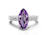 White gold Marquise Cut Amethyst Ring with Milgrain Pavé Band and Four-Prong Setting_12