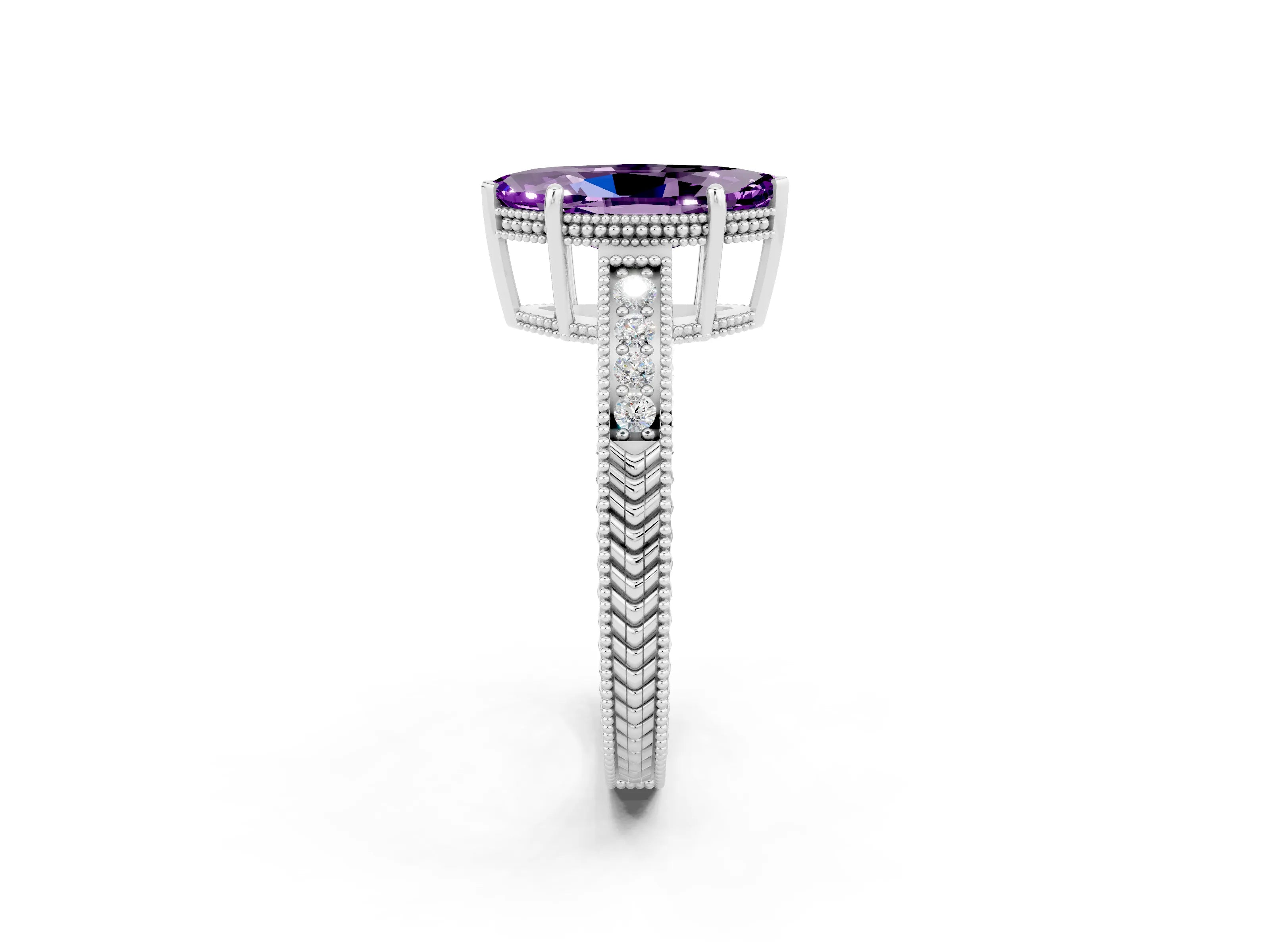 White gold Marquise Cut Amethyst Ring with Milgrain Pavé Band and Four-Prong Setting_14