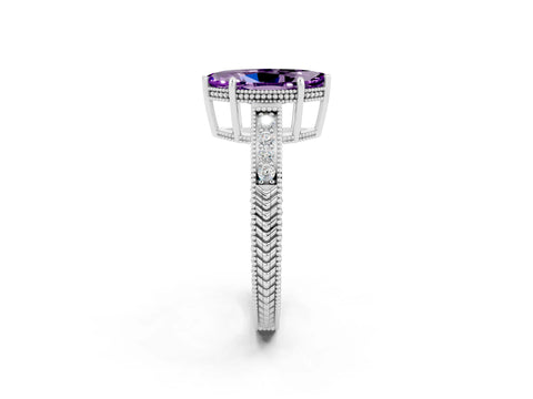 White gold Marquise Cut Amethyst Ring with Milgrain Pavé Band and Four-Prong Setting_14