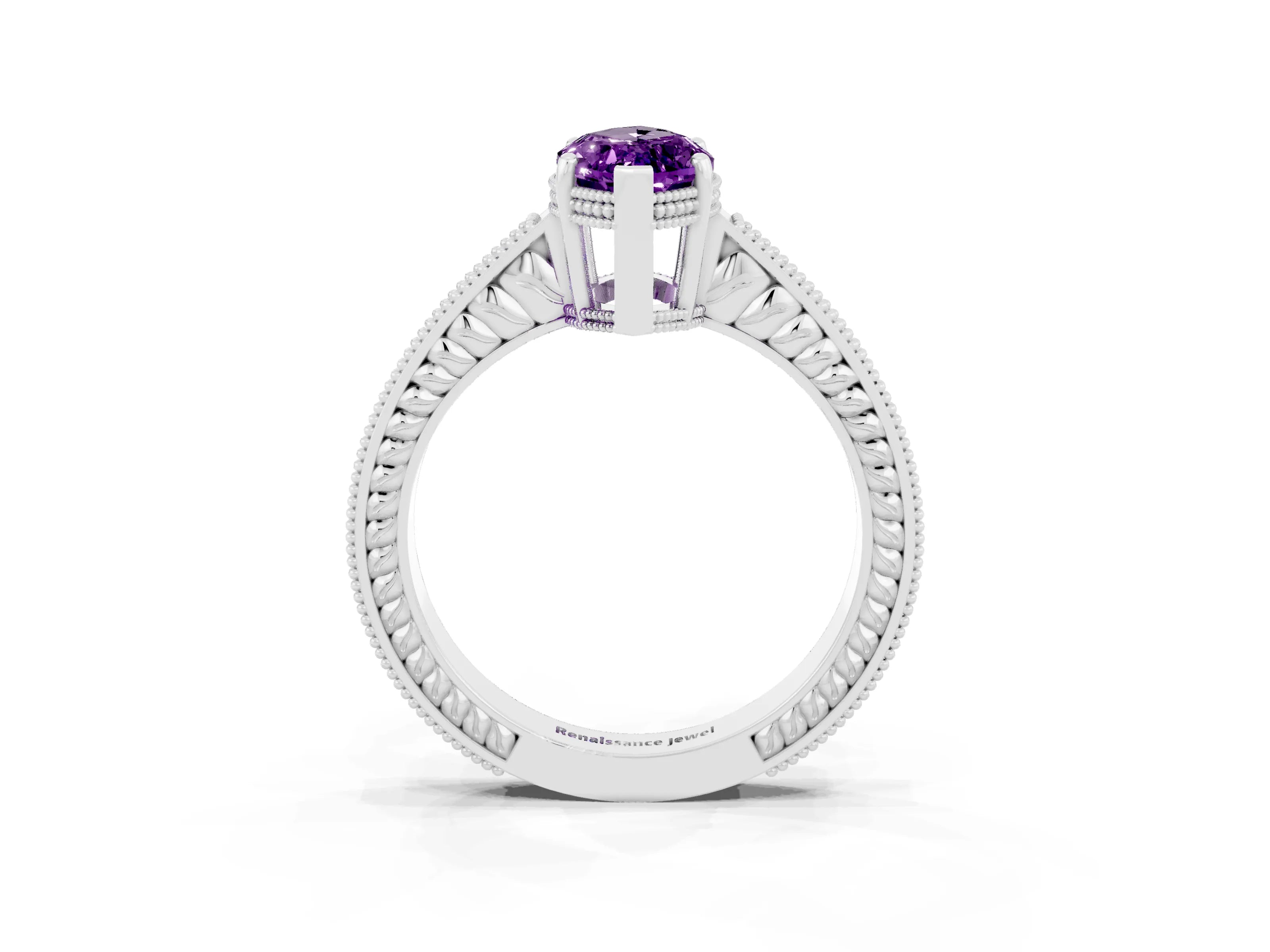 White gold Marquise Cut Amethyst Ring with Milgrain Pavé Band and Four-Prong Setting_15