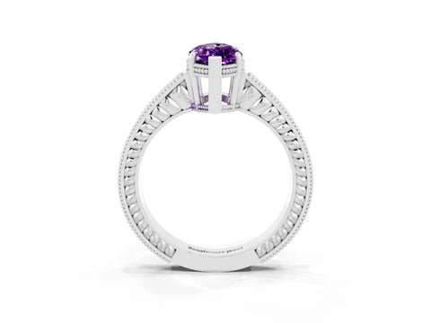White gold Marquise Cut Amethyst Ring with Milgrain Pavé Band and Four-Prong Setting_15