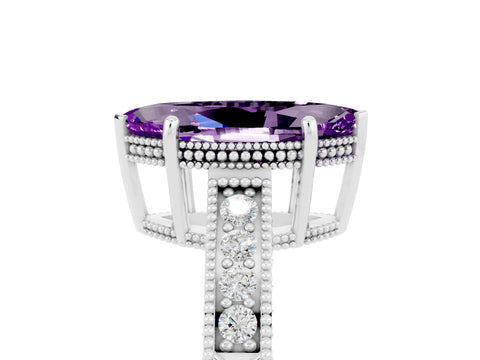 White gold Marquise Cut Amethyst Ring with Milgrain Pavé Band and Four-Prong Setting_17