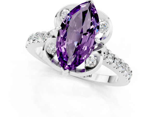 Platinum Marquise Cut Amethyst Ring with Pavé Band and Floral Prong Setting