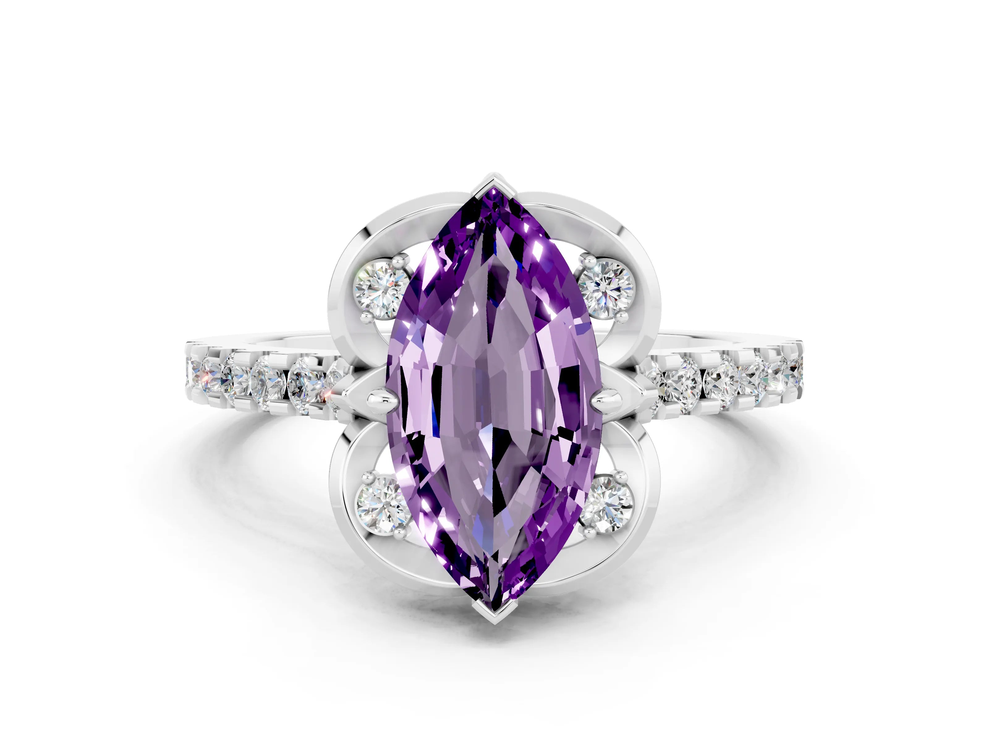 White gold Marquise Cut Amethyst Ring with Pavé Band and Floral Prong Setting