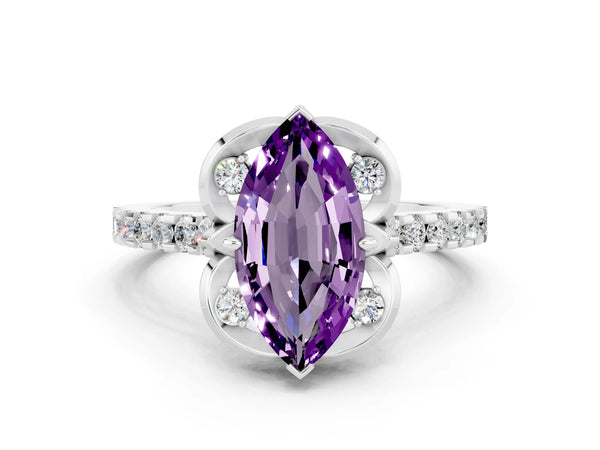Silver Marquise Cut Amethyst Ring with Pavé Band and Floral Prong Setting