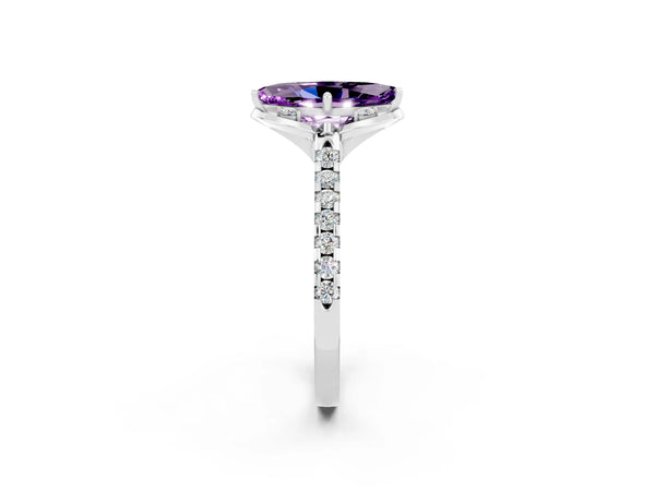 Platinum Marquise Cut Amethyst Ring with Pavé Band and Floral Prong Setting