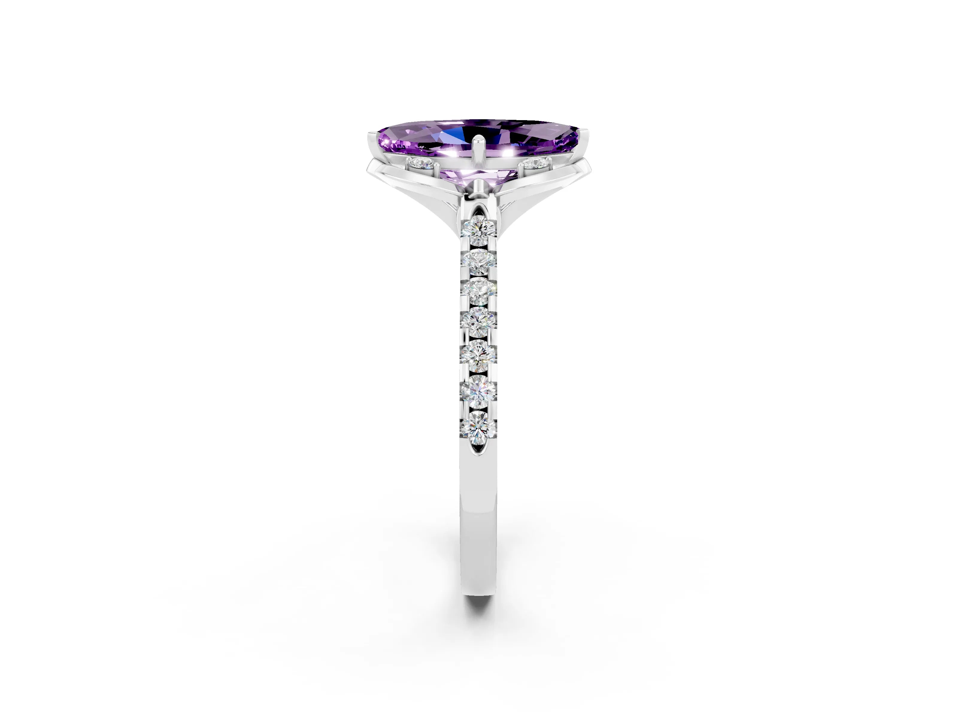 White gold Marquise Cut Amethyst Ring with Pavé Band and Floral Prong Setting_2