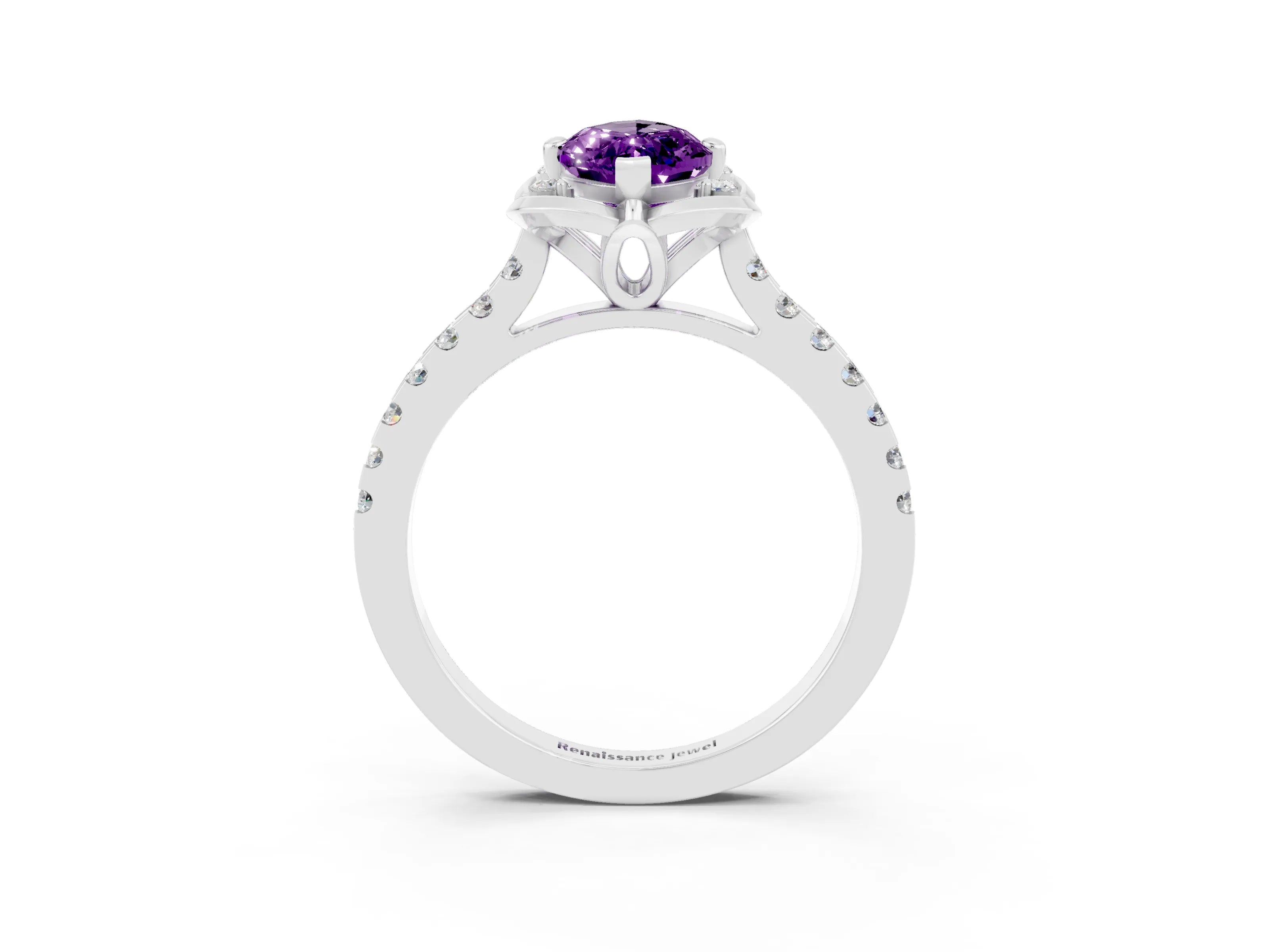 White gold Marquise Cut Amethyst Ring with Pavé Band and Floral Prong Setting_3