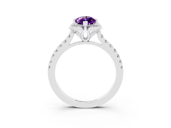 Silver Marquise Cut Amethyst Ring with Pavé Band and Floral Prong Setting