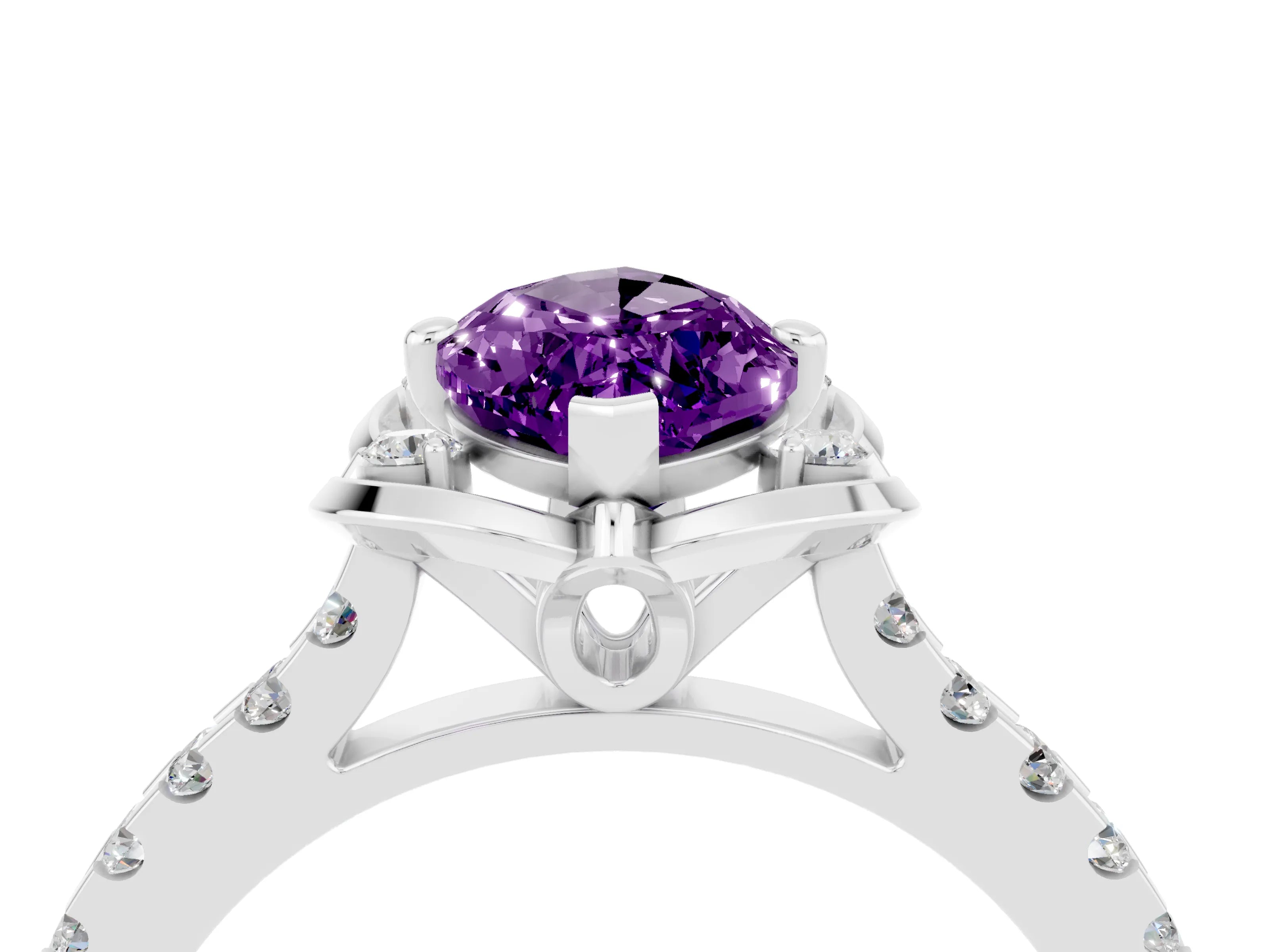 White gold Marquise Cut Amethyst Ring with Pavé Band and Floral Prong Setting_4