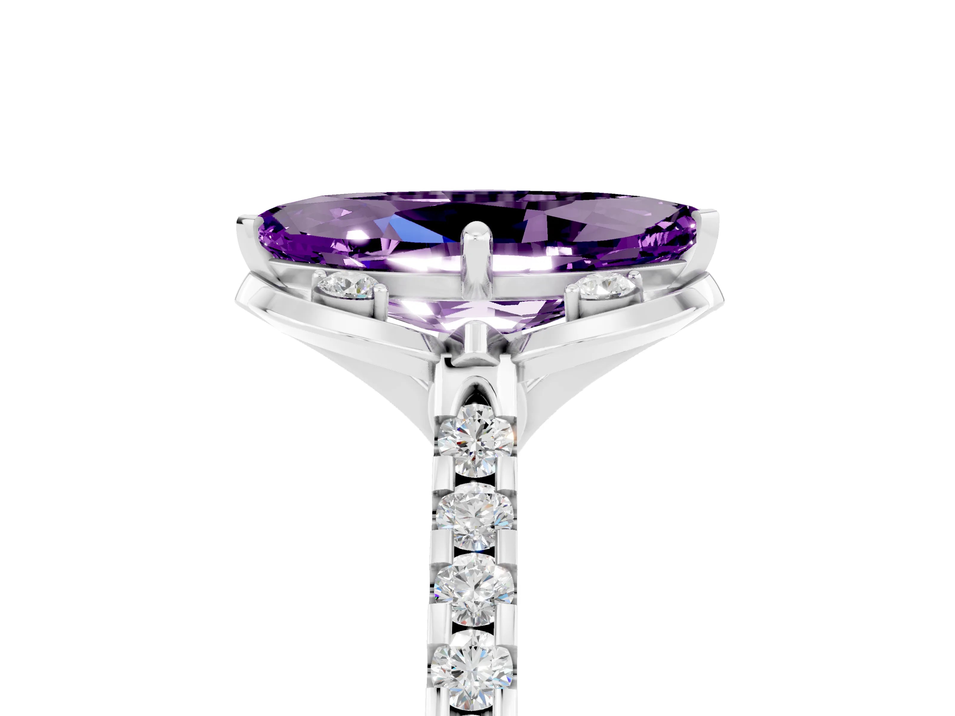 White gold Marquise Cut Amethyst Ring with Pavé Band and Floral Prong Setting_5