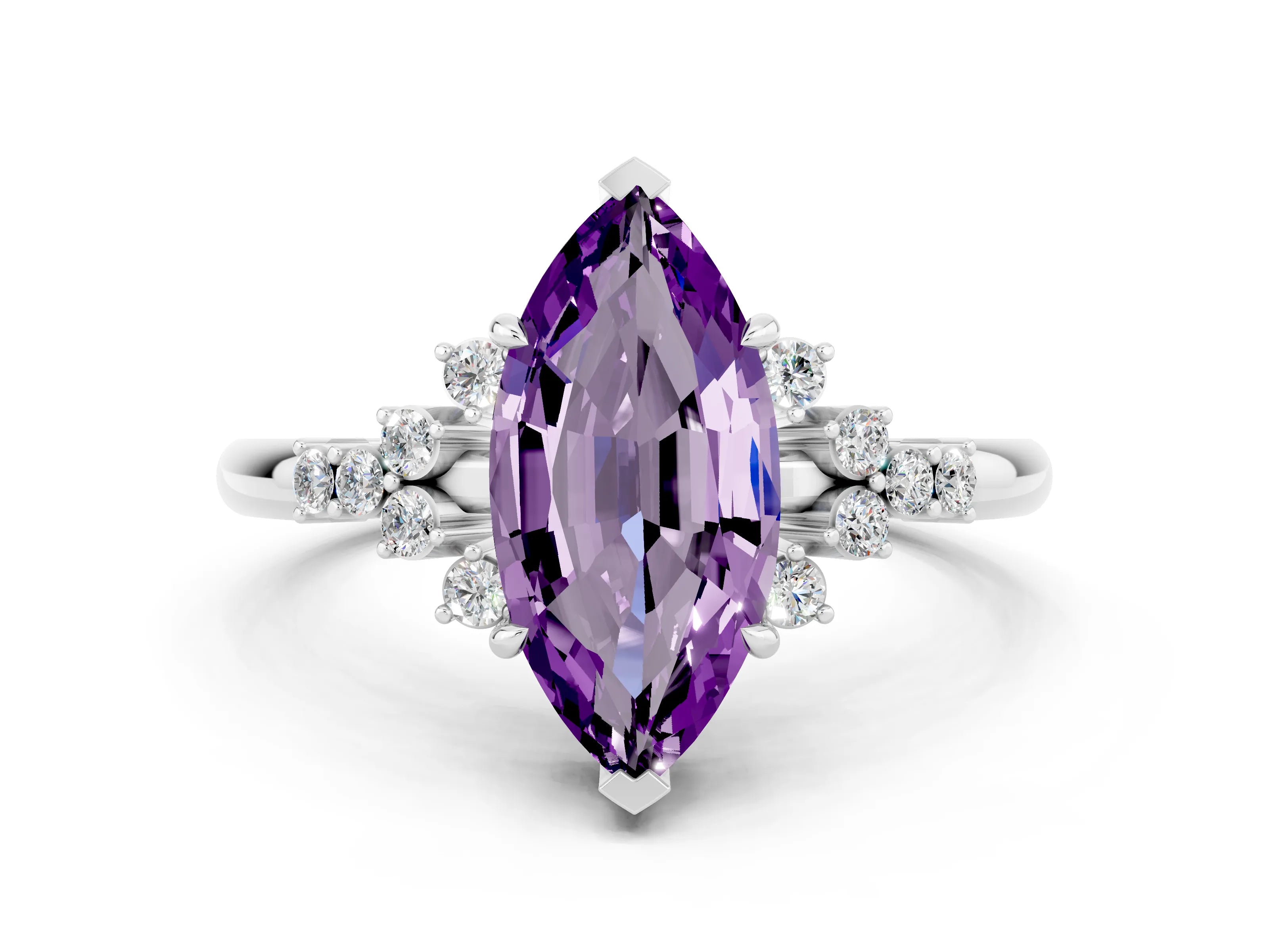White gold Marquise Cut Amethyst Ring with Side Stones and Four-Prong Setting_36