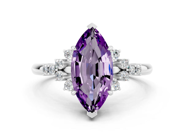 Silver Marquise Cut Amethyst Ring with Side Stones and Four-Prong Setting