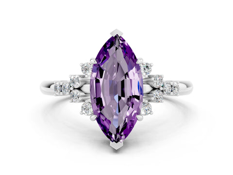 White gold Marquise Cut Amethyst Ring with Side Stones and Four-Prong Setting_36