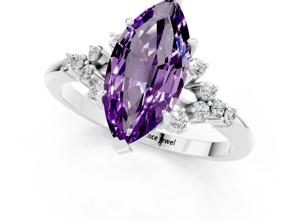 Silver Marquise Cut Amethyst Ring with Side Stones and Four-Prong Setting