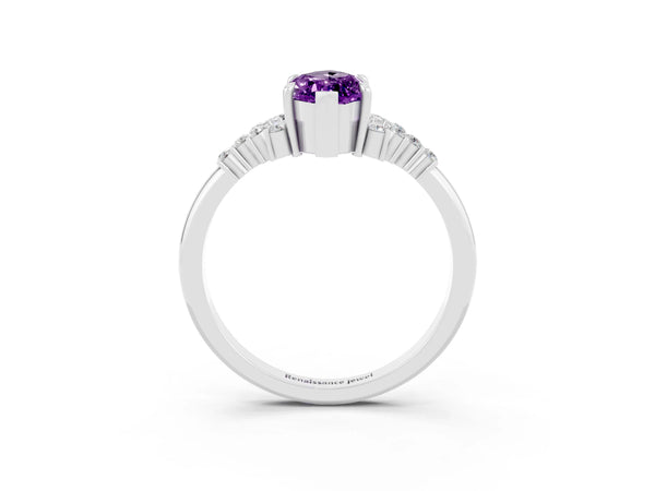 Platinum Marquise Cut Amethyst Ring with Side Stones and Four-Prong Setting