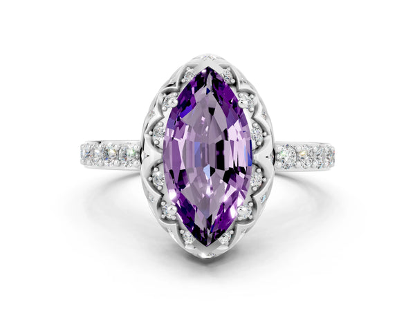 White gold Marquise Cut Amethyst Scalloped Halo Engagement Ring with Round Shared Prong Band