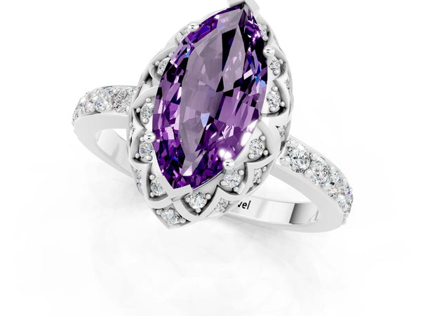 Platinum Marquise Cut Amethyst Scalloped Halo Engagement Ring with Round Shared Prong Band