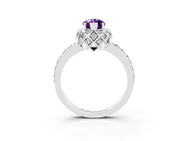 Silver Marquise Cut Amethyst Scalloped Halo Engagement Ring with Round Shared Prong Band