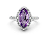 White gold Marquise Cut Amethyst Scalloped Halo Engagement Ring with Round Shared Prong Band_24