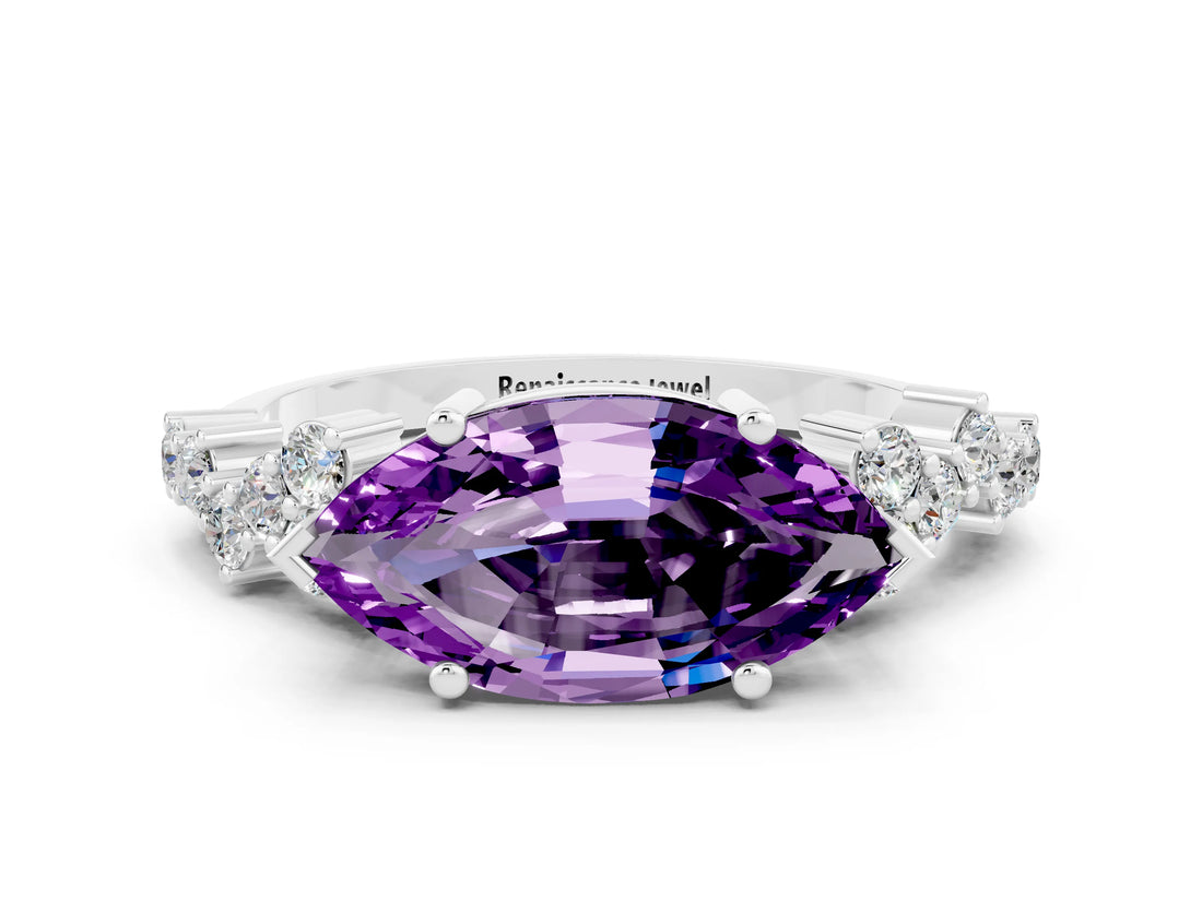 White gold Marquise Cut Amethyst Scattered Round Accent Ring with Prong Setting_36