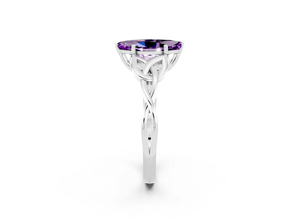 White gold Marquise Cut Amethyst Solitaire Celtic Knot Ring with Four-Prong Setting
