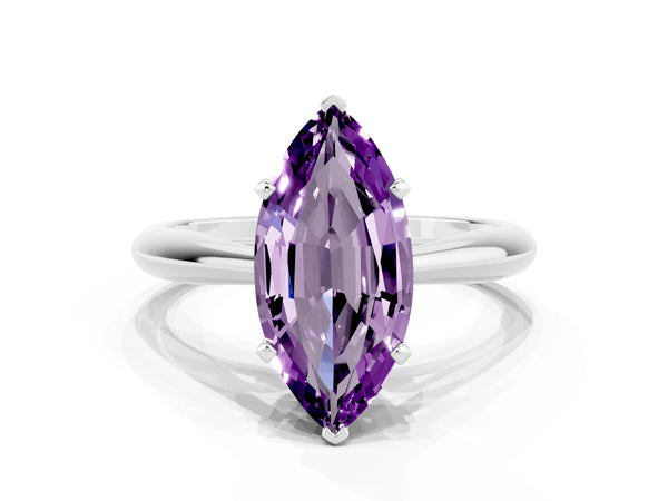 White gold Marquise Cut Amethyst Solitaire Engagement Ring with Cathedral Setting and Four-Prong Mount