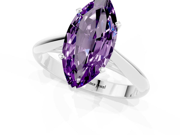 White gold Marquise Cut Amethyst Solitaire Engagement Ring with Cathedral Setting and Four-Prong Mount