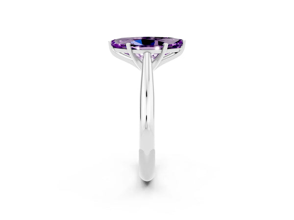 White gold Marquise Cut Amethyst Solitaire Engagement Ring with Cathedral Setting and Four-Prong Mount