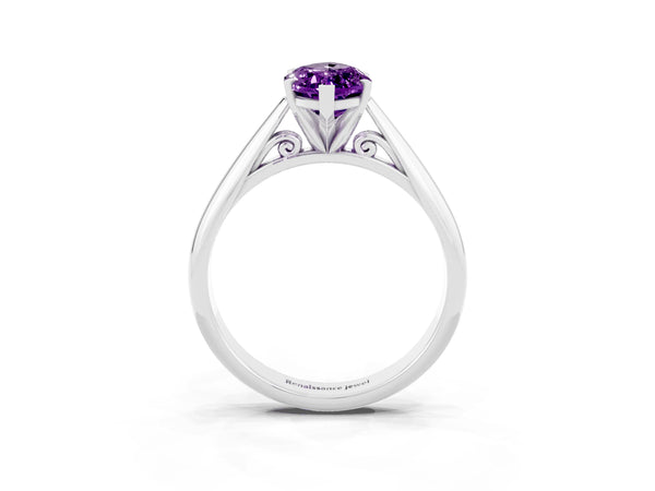 White gold Marquise Cut Amethyst Solitaire Engagement Ring with Cathedral Setting and Four-Prong Mount