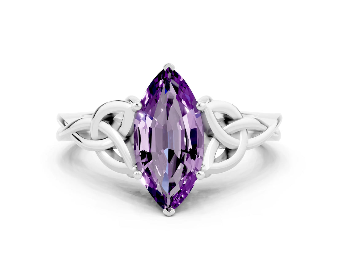 White gold Marquise Cut Amethyst Solitaire Engagement Ring with Celtic Knot Band and Four-Prong Setting