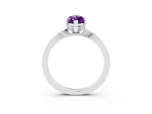 Silver Marquise Cut Amethyst Solitaire Engagement Ring with Classic Band and Four-Prong Setting