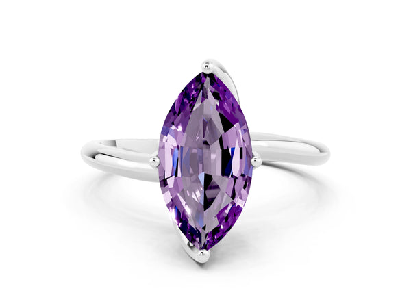 Silver Marquise Cut Amethyst Solitaire Engagement Ring with Four-Prong Setting and Classic Band