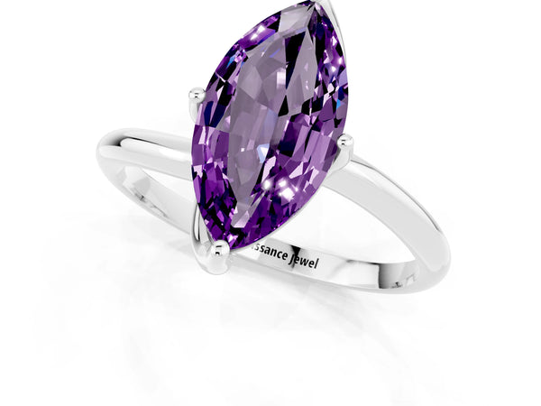 Platinum Marquise Cut Amethyst Solitaire Engagement Ring with Four-Prong Setting and Classic Band