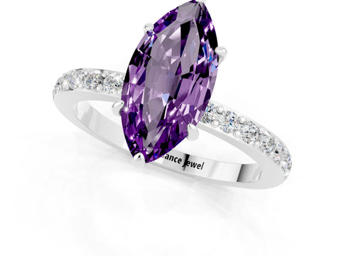 White gold Marquise Cut Amethyst Solitaire Engagement Ring with Pavé Band and Four-Prong Setting_1