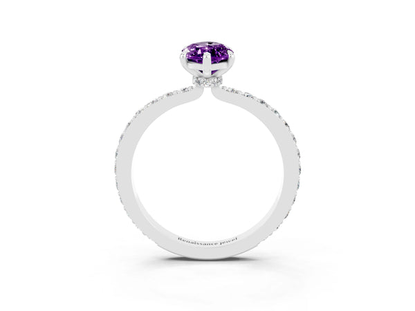 White gold Marquise Cut Amethyst Solitaire Engagement Ring with Pavé Band and Four-Prong Setting