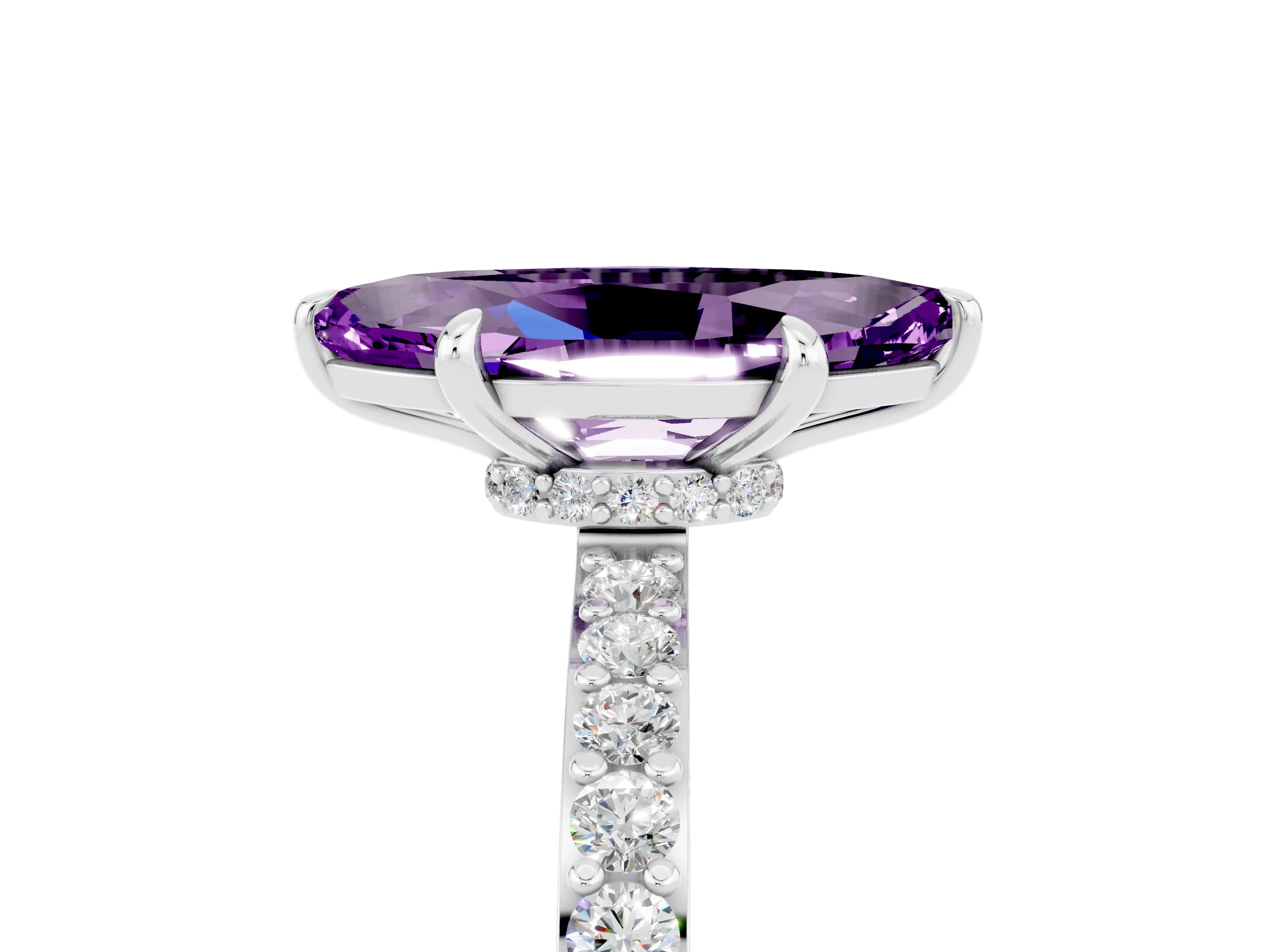 White gold Marquise Cut Amethyst Solitaire Engagement Ring with Pavé Band and Four-Prong Setting_5