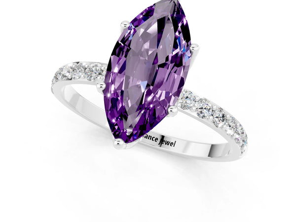 Platinum Marquise Cut Amethyst Solitaire Engagement Ring with Round  Pavé Band and Prong Setting