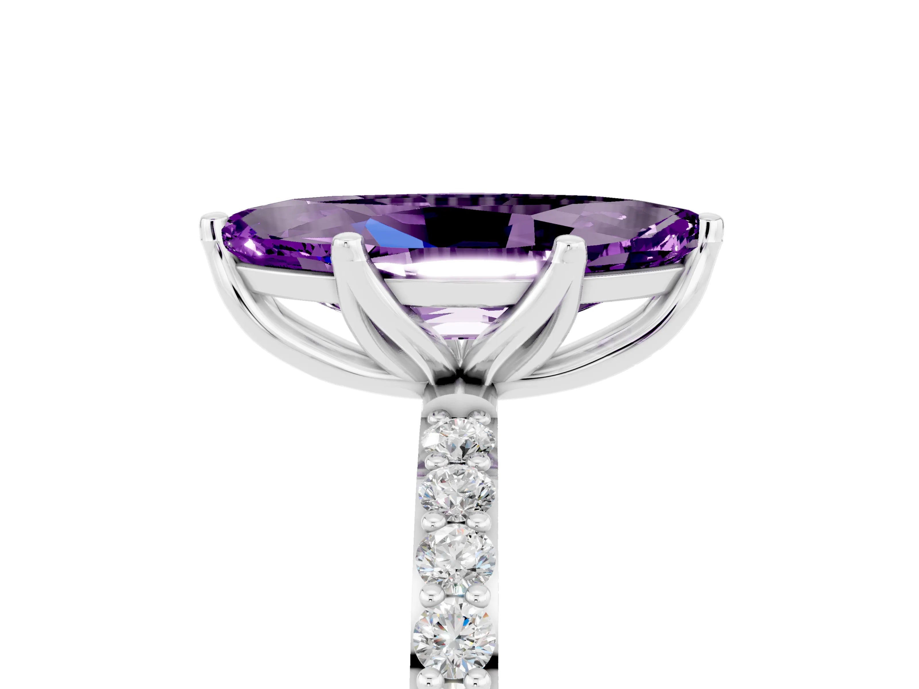 White gold Marquise Cut Amethyst Solitaire Engagement Ring with Pavé Band and Prong Setting_5