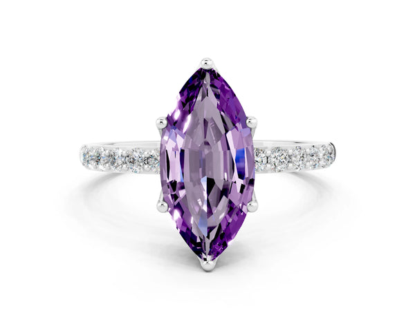 White gold Marquise Cut Amethyst Solitaire Engagement Ring with Round  Pavé Band and Prong Setting