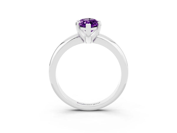 Platinum Marquise Cut Amethyst Solitaire Engagement Ring with Round Band and Four-Prong Setting