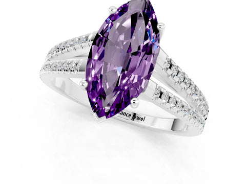 White gold Marquise Cut Amethyst Solitaire Engagement Ring with Split Shank Pavé Band_1