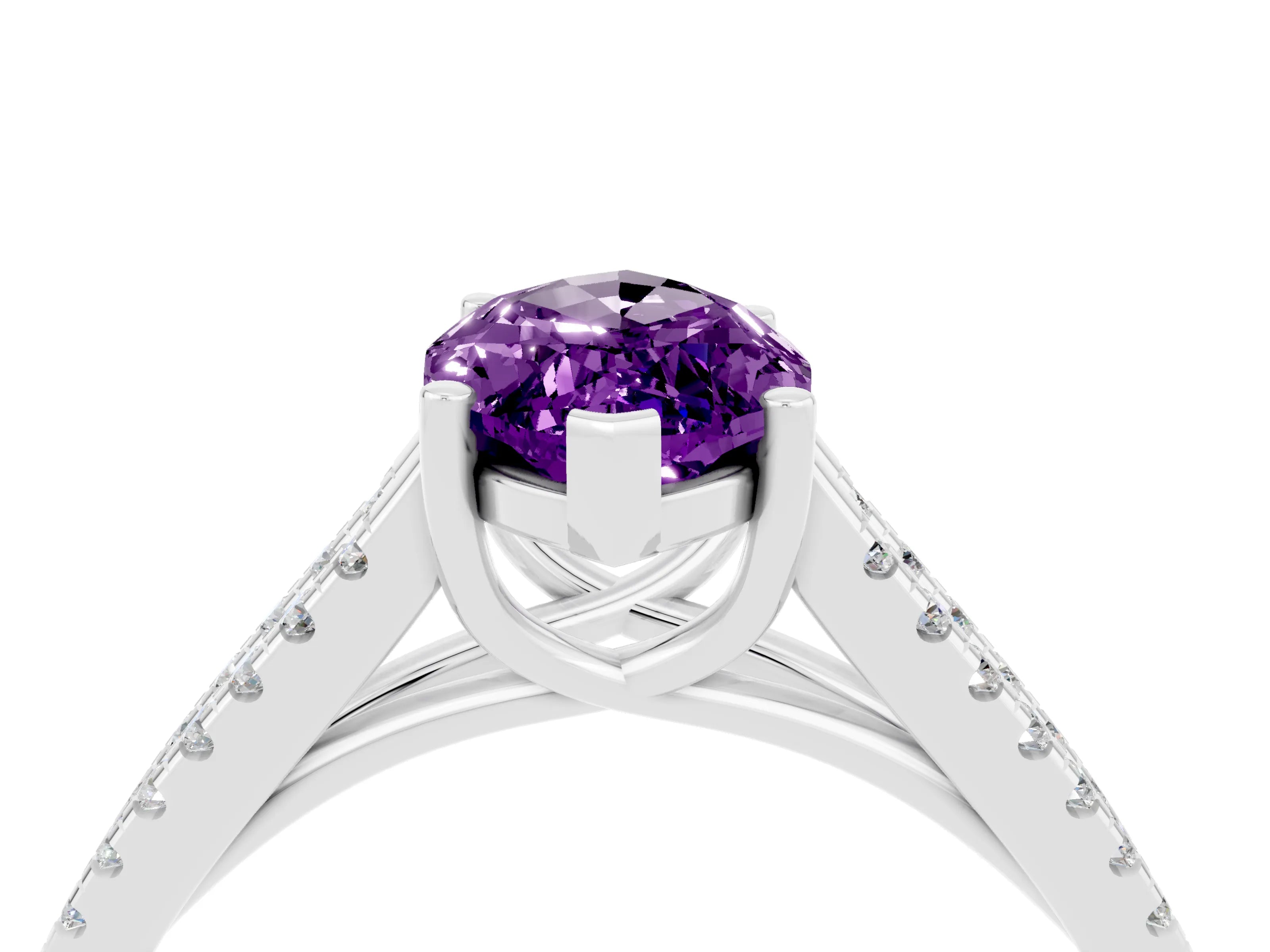 White gold Marquise Cut Amethyst Solitaire Engagement Ring with Split Shank Pavé Band_4